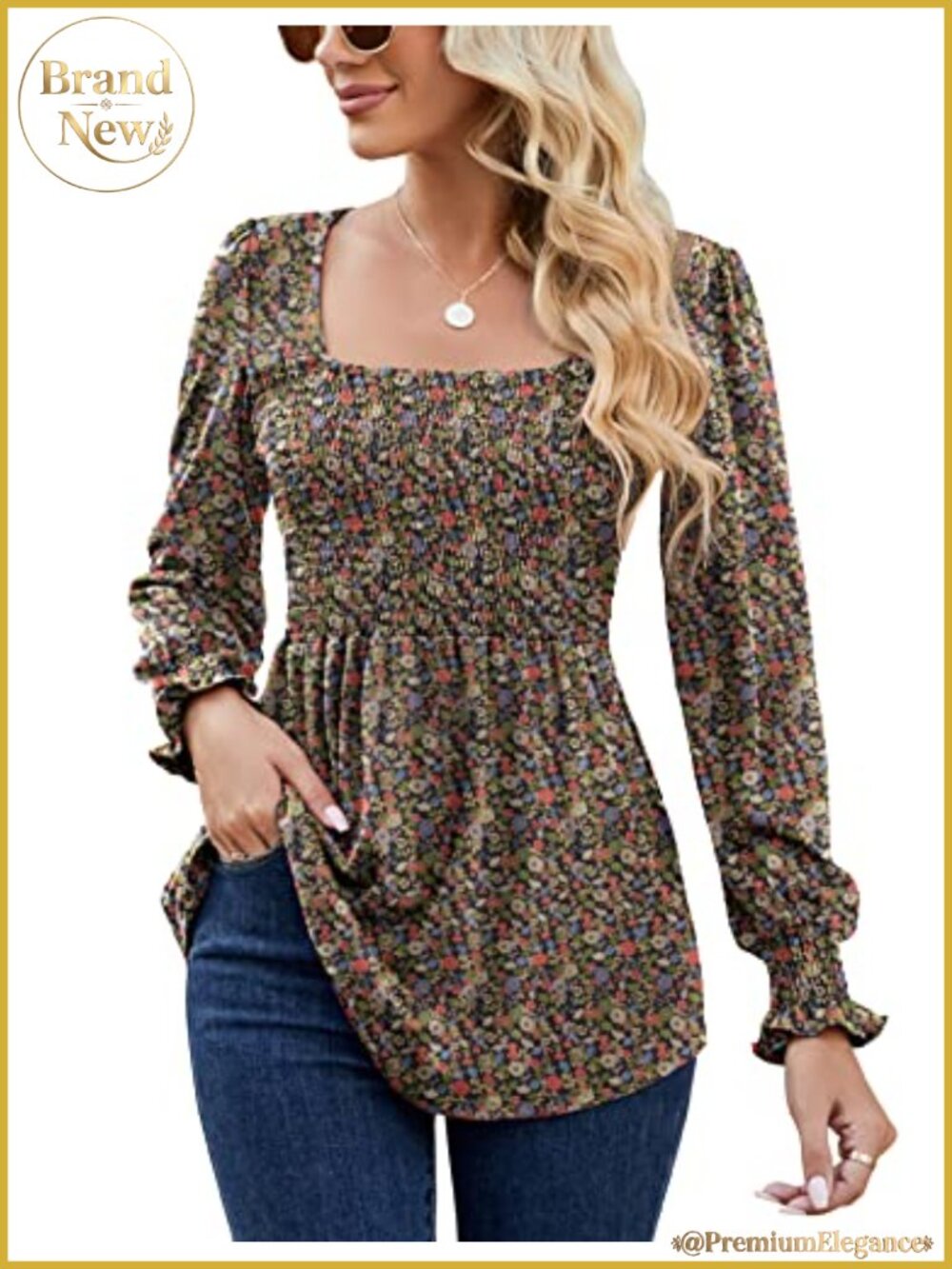 Women's Smocked Tunic Top Square Neck Puff Long Sleeve Blouse